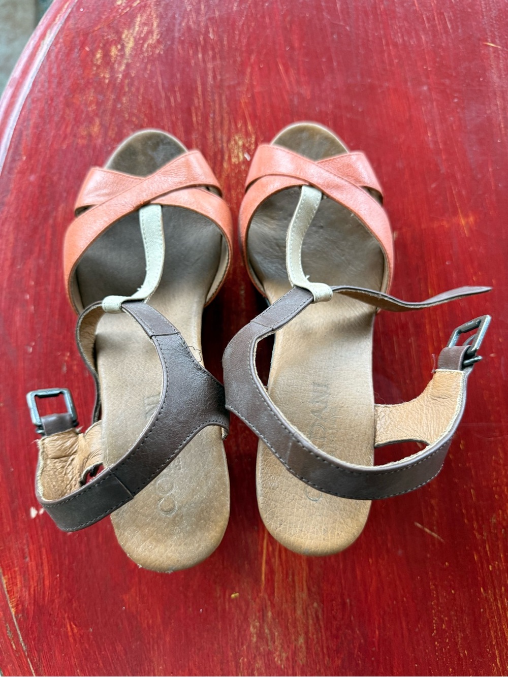 Cordani Coral and Brown Leather T-Strap Sandals